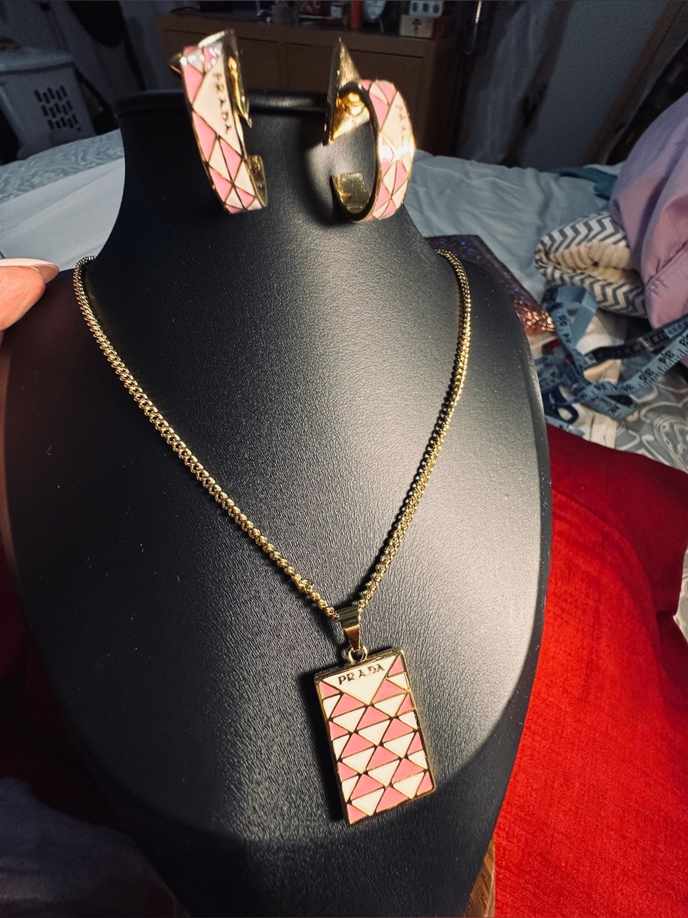 Pink Geo Enamel Pendant Necklace and Hoop Earrings Set - inspired
